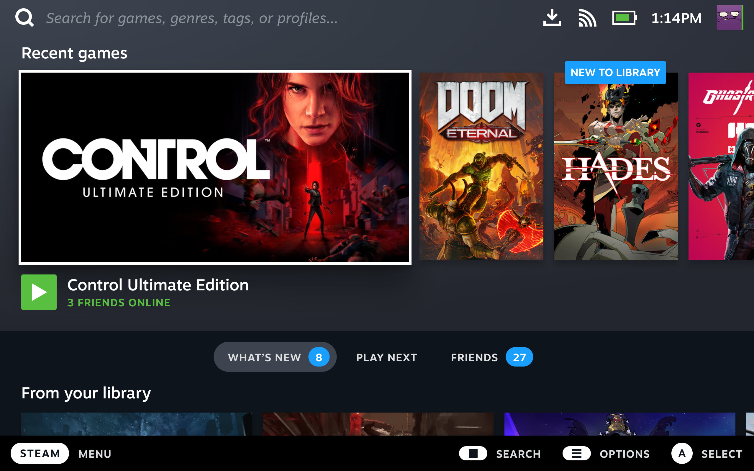 Giao diện trang chủ của SteamOS 3.0