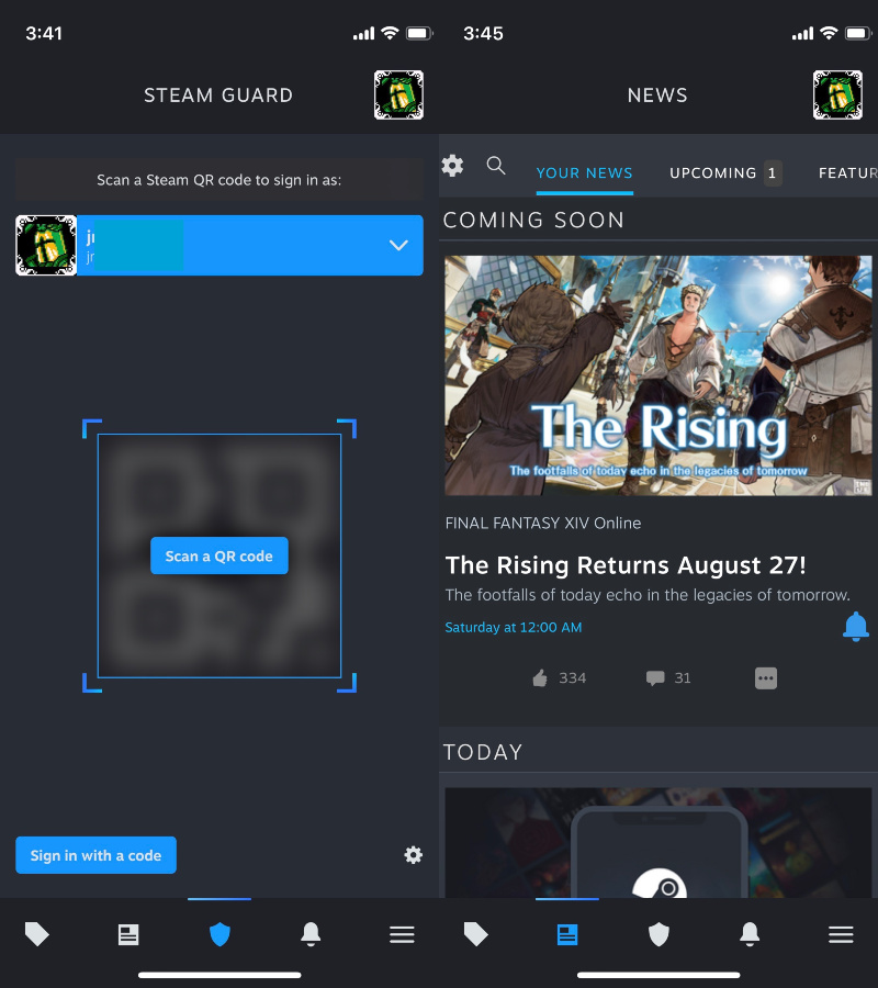 Tính năng đăng nhập qua mã QR và trang "tin tức" trên Steam Mobile.
